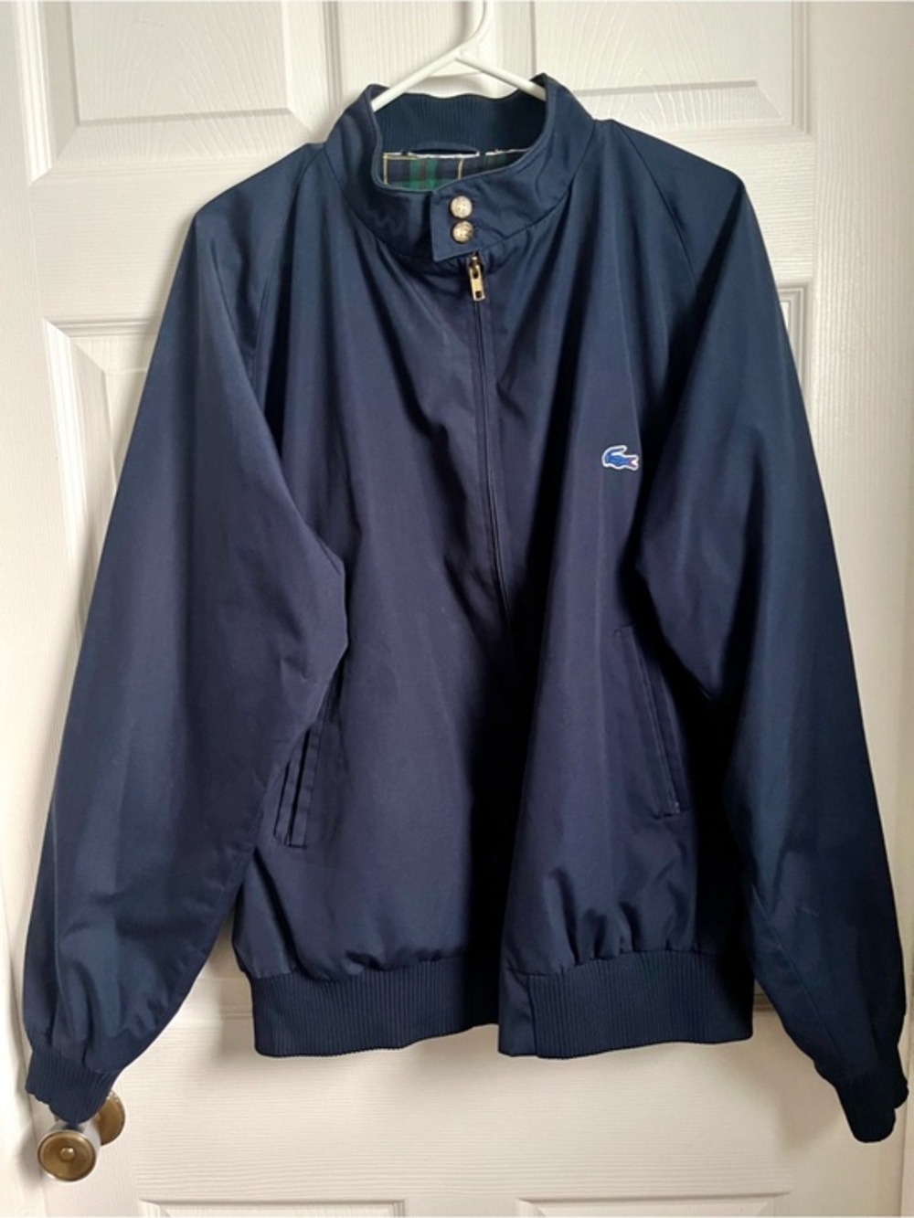 Vintage Lacoste Izod Jacket Large Harrington Bomber Blue Navy Plaid Lining